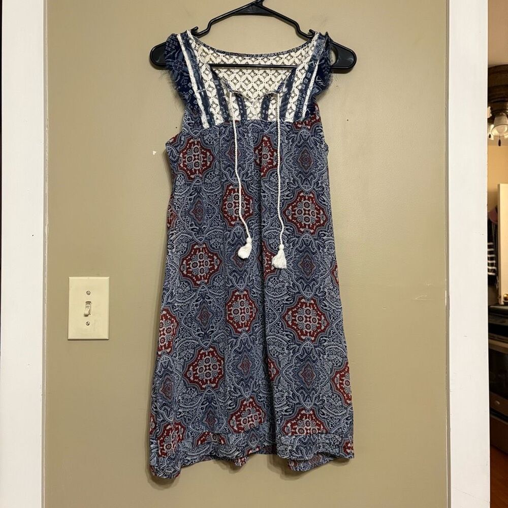 Exhilaration Bandana Print Navy Red Ivory Knit Lace Tank Dress Medium July 4